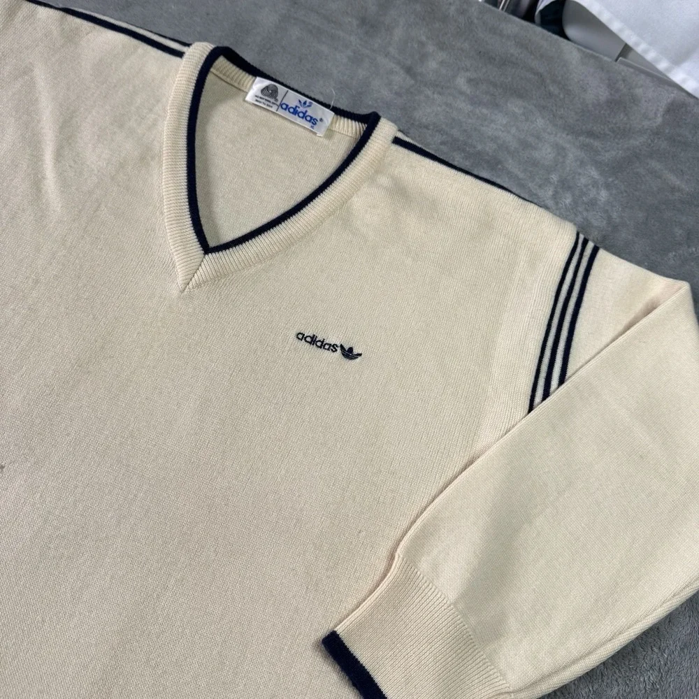 VTG 80s Adidas Wool Striped Accent V Neck Sweater Size XL Ivory Preppy Sports